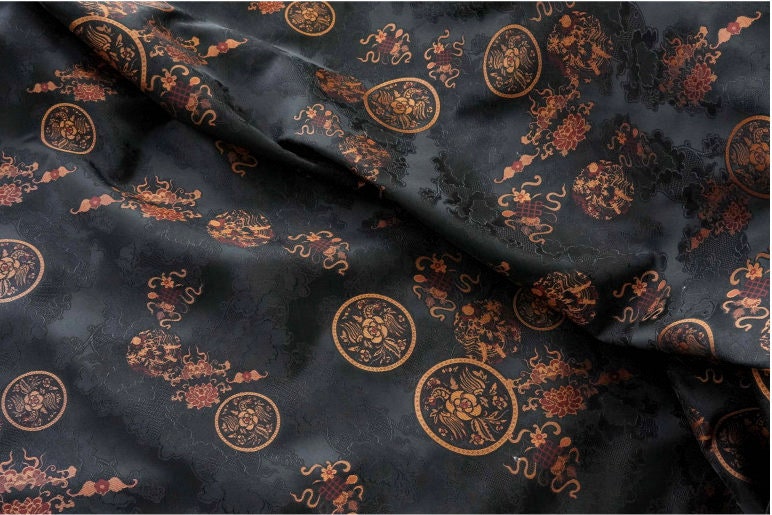 Black Botanical Print Fabric: Floral Cloud Yarn Upholstery, 59" Wide