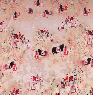 Tissu en soie à motifs de la dynastie Tang : 150 cm de large, imprimé numérique sur satin