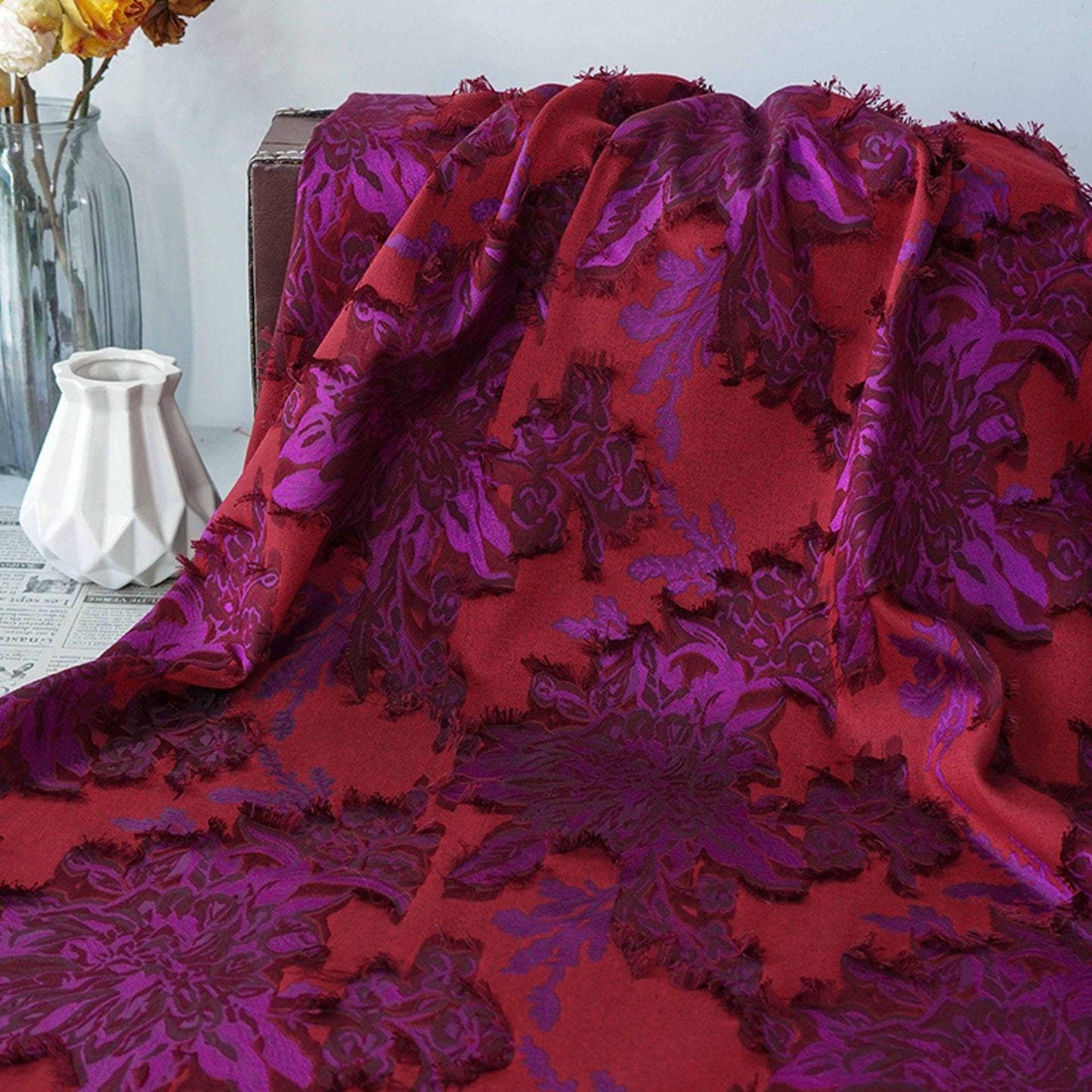 Red & Purple Floral Jacquard Fabric ��� Textured Woven Materi" Wide