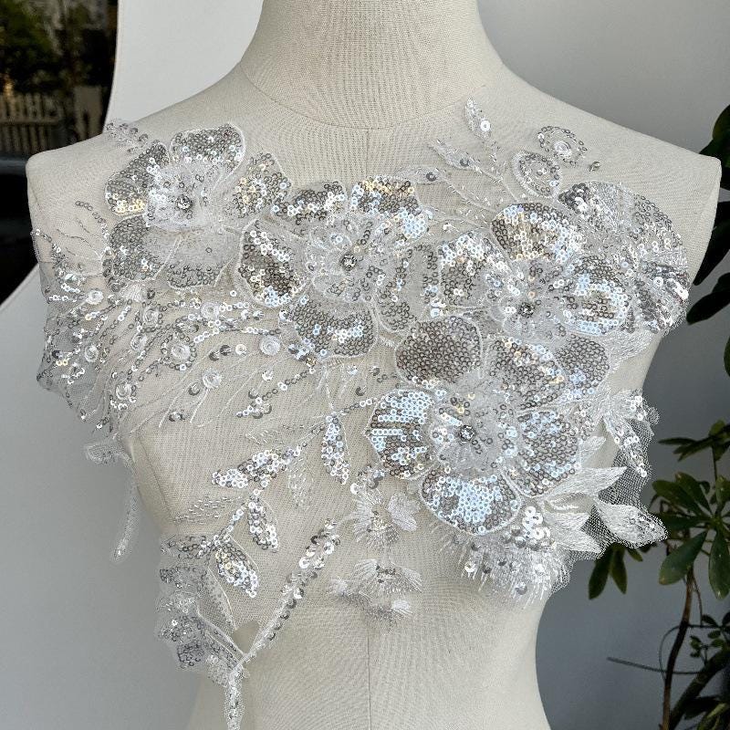 Embroidered Lace Trim: Sequined Floral Applique, Bridal Wedding Dress Fabric - By The Yard