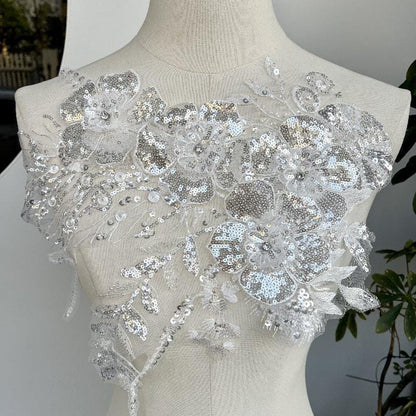 Embroidered Lace Trim: Sequined Floral Applique, Bridal Wedding Dress Fabric - By The Yard