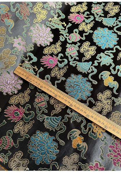 Black Brocade Jacquard Fabric: Gold Peony Floral Cloud - Oriental Dressmaking, Upholstery