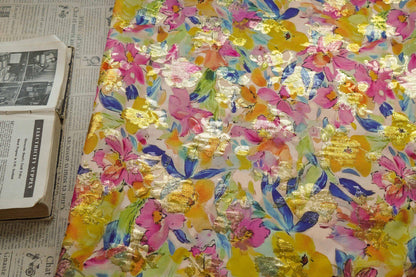 Floral Jacquard Woven Fabric: 3D Gold Thread Embossed Texture, 57" Wide