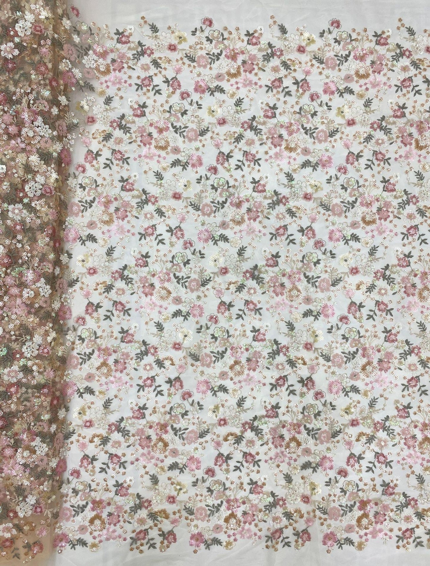 Floral Sequin Embroidered Mesh Lace Fabric, Pink Girly Dress, 49"W
