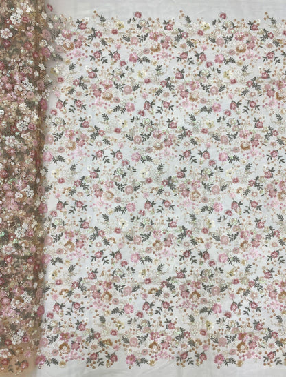 Floral Sequin Embroidered Mesh Lace Fabric, Pink Girly Dress, 49"W
