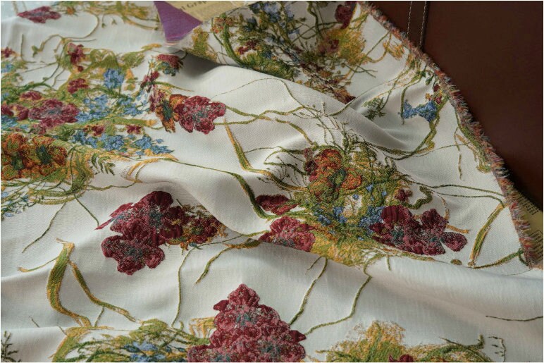 Vine Flower Jacquard Fabric: 3D Oil Painting Texture, 58" Wide