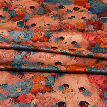 Cartoon Kitten Peony Print on Red Cloud Gauze Fabric ��� Fun & Playful Desi"Wide