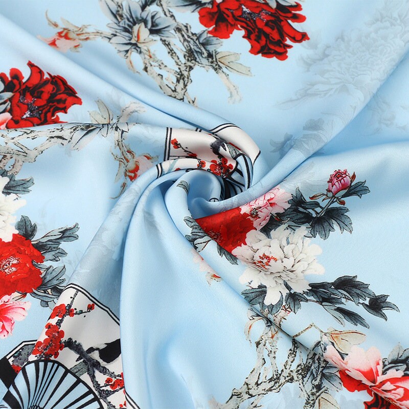 Floral Fan Print Satin Fabric: 59"W Sewing, Upholstery, Costume