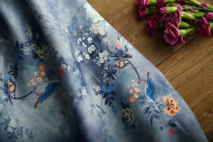 Floral Ramie Fabric: Birds and Flowers Print, 55" Wide, Sewing & Upholstery