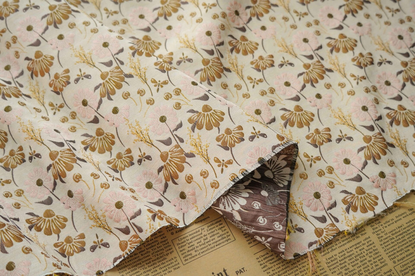 Floral Jacquard Woven Fabric: Coffee Pink Embossed Upholstery, 60" Wide