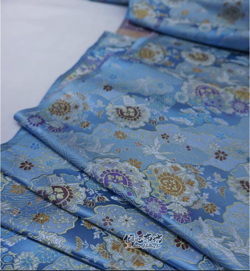 Nishijin Crane Kinran Fabric: Black Jacquard Silk Brocade Damask