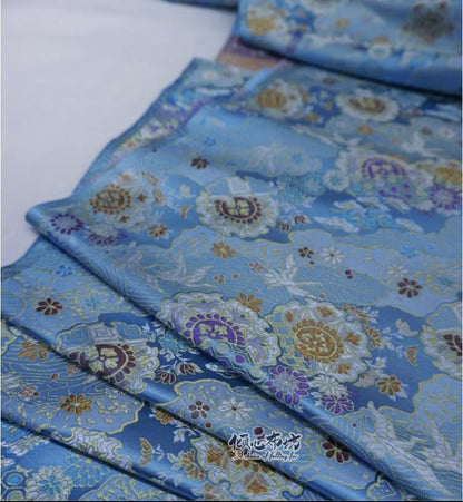 Nishijin Crane Kinran Fabric: Black Jacquard Silk Brocade Damask