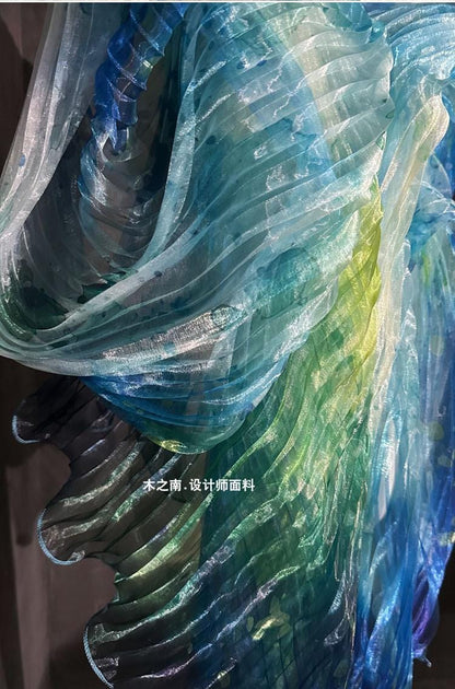 Smudged Sea Wave Organza Fabric: Accordion Pleated Laser Design, 55" Wide