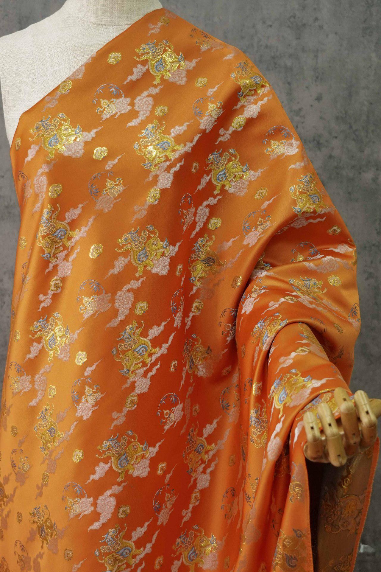 Gold Thread Brocade Fabric: Mongolian Tibetan Style, 60"W, By The Meter