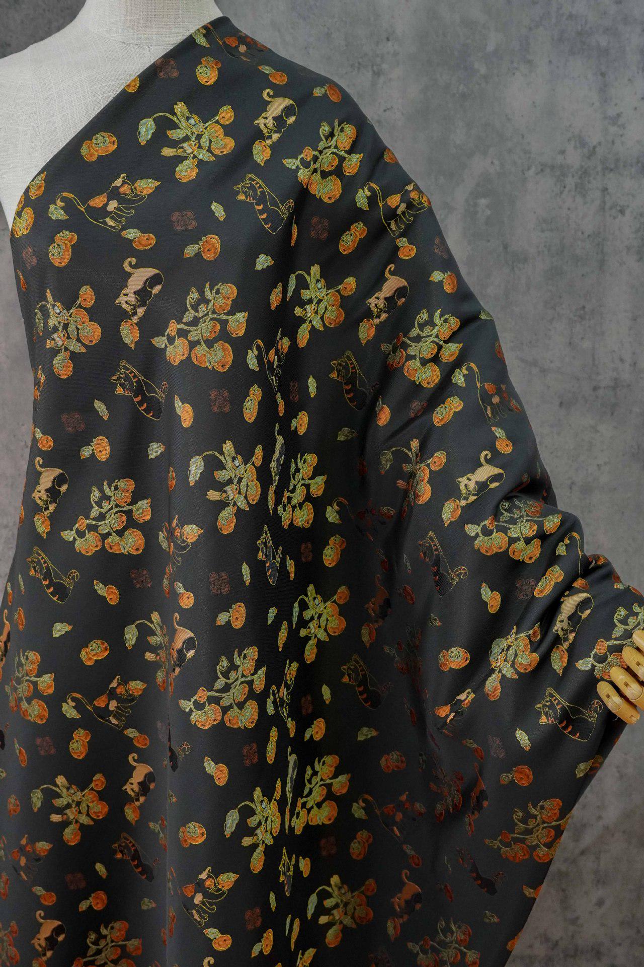Luxury Cat & Persimmon Jacquard Fabric with Gold Accents for Handbags, 65"Wide