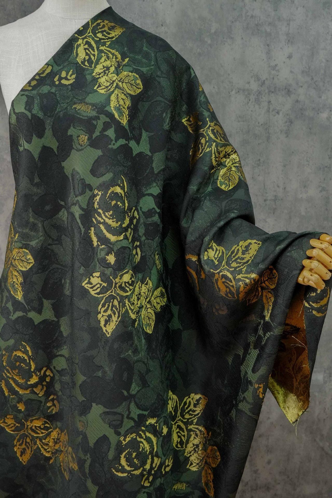 Green Jacquard Woven Fabric: 3D Gold Thread Embossed Texture, 61"W - Upholstery & Costume