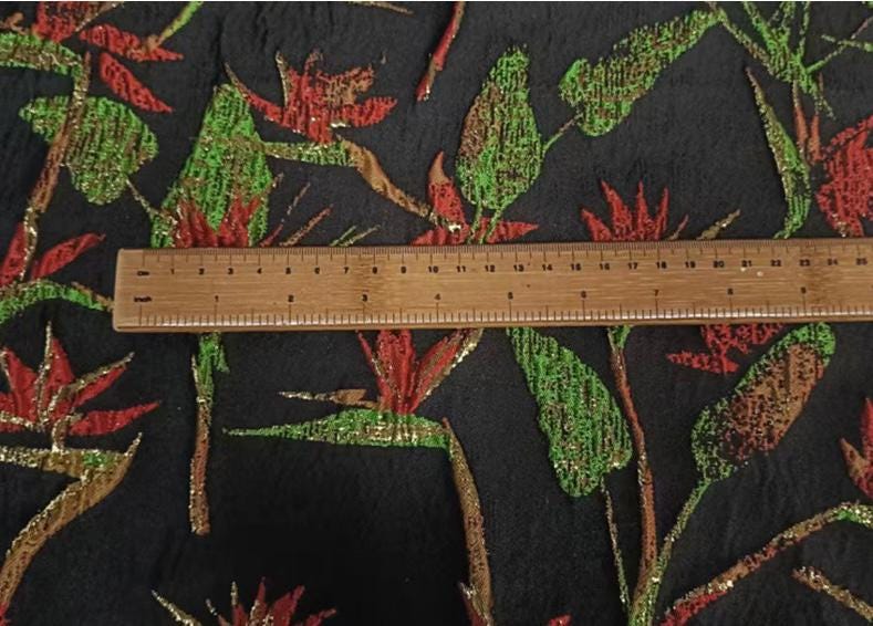 Black Embossed Jacquard Fabric: Gold Thread Yarn-Dyed Design, 55"W