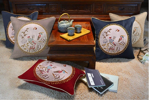 Embroidered Bird Brocade Fabric: Asian Style Cushion Cover, Upholstery (50x60cm)