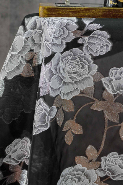 Black and white Peony Silver Thread Jacquard Semi-Sheer Fabric, 55"Wide