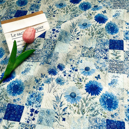 Blue Floral Cotton Fabric: 20s Print, Quilting, Dressmaking - 55" Wide