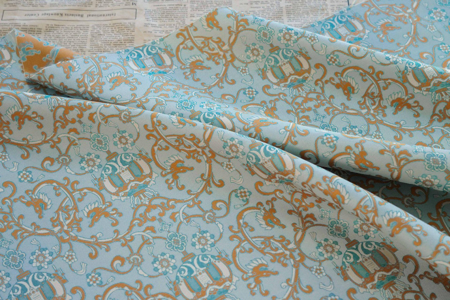 Aqua Blue Jacquard Brocade Fabric: Floral Lantern Pattern, 59" Wide