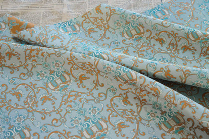 Aqua Blue Jacquard Brocade Fabric: Floral Lantern Pattern, 59" Wide