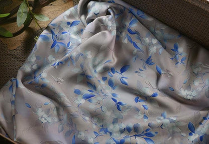 Gray Blue Cotton Sateen Fabric: Snowy Elegance Print, 55" Wide