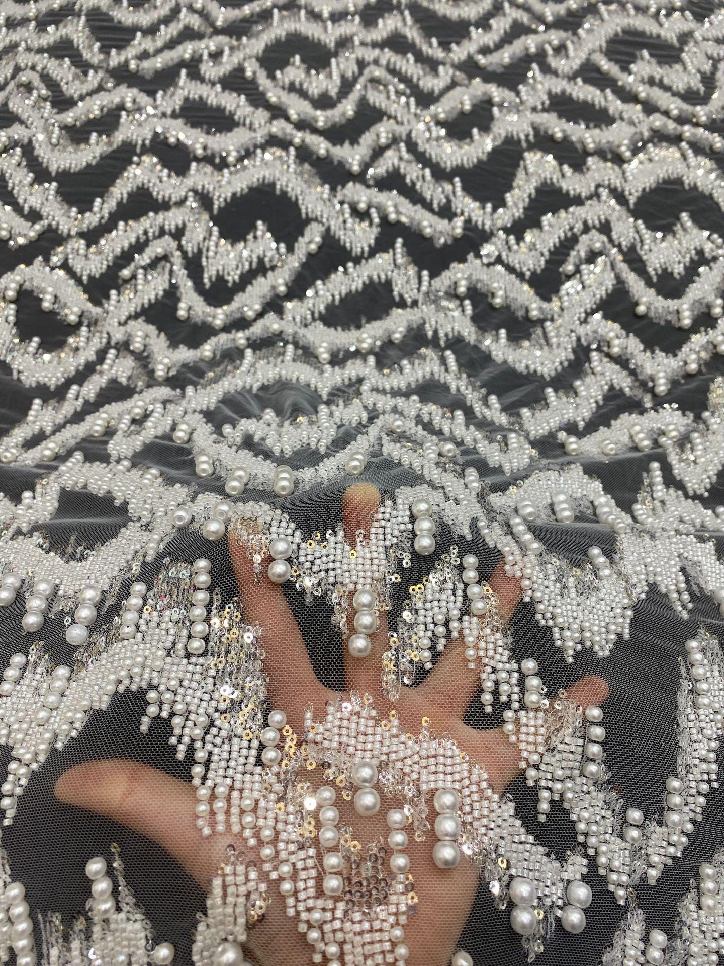 Luxury Beaded Fabric with Pearls Sequins ��� High-End Bridal & Evening Gown Embellished Textile, Wedding dress fabr"Wide