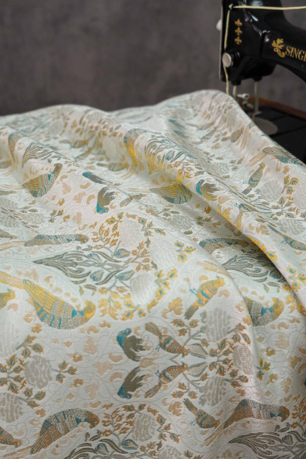 Gold Floral Bird Fabric: 58"W Rayon Blend Upholstery & Drapery