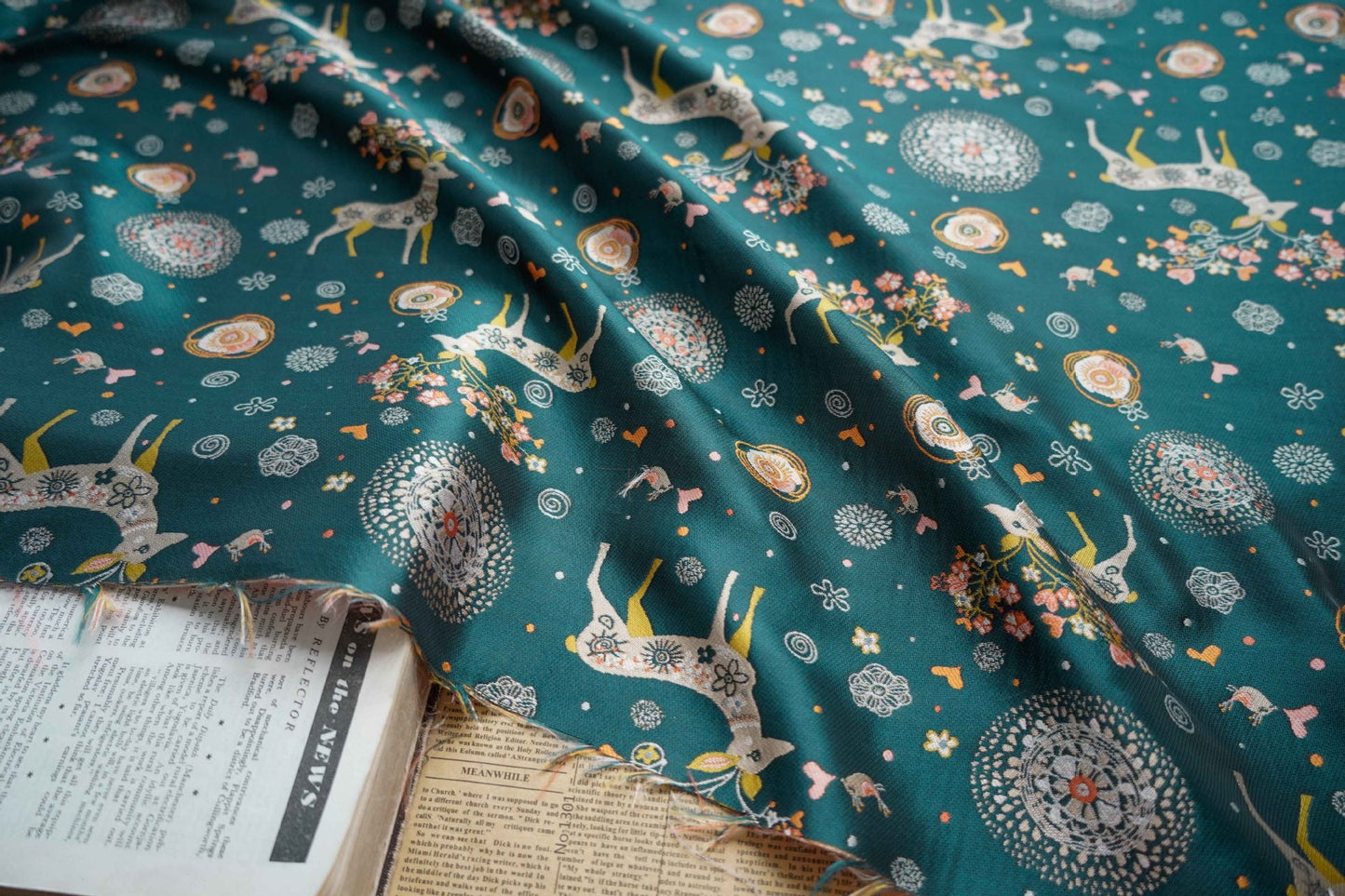 Dark Green Reindeer Damask Jacquard Fabric: 62"W Yarn-Dyed Polyester