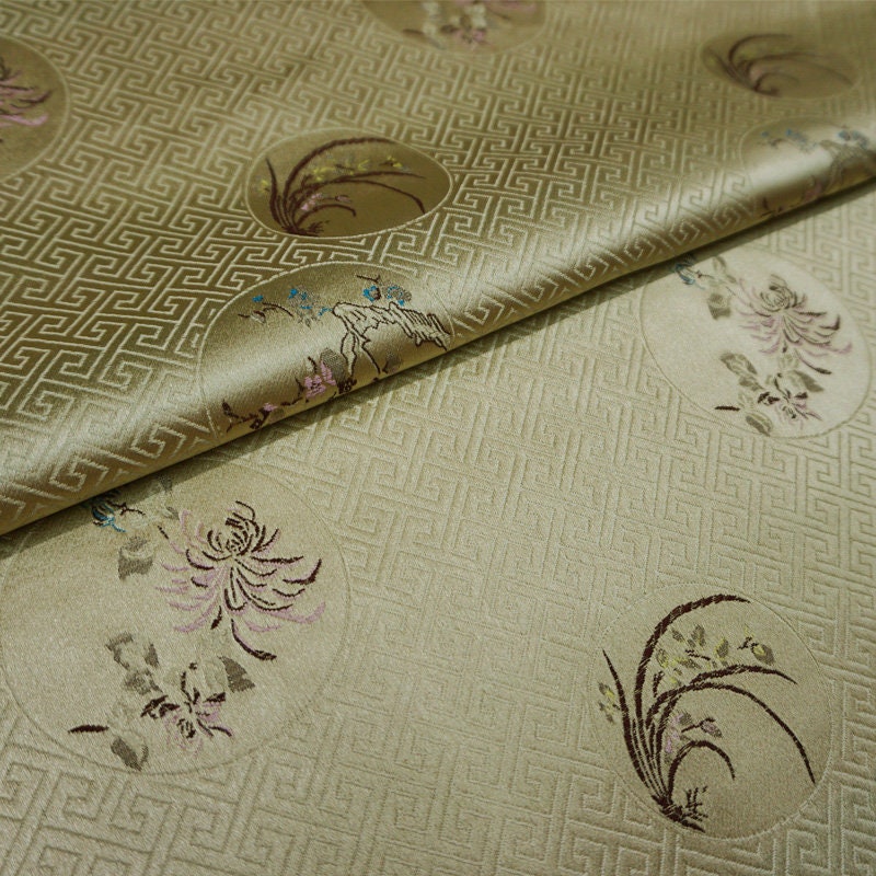 Floral Silk Brocade Fabric: Chinese Plum, Orchid, Bamboo - 29.5" Wide