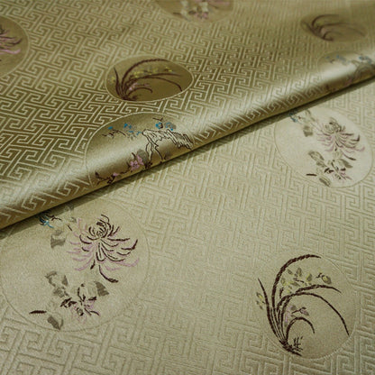 Floral Silk Brocade Fabric: Chinese Plum, Orchid, Bamboo - 29.5" Wide