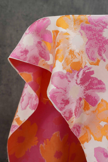 Floral Jacquard Brocade Fabric: Orange Pink Flower Pattern, 65" Wide