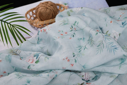 Floral Ramie Fabric: Light Blue Ink Print, 55" Wide, Natural Fiber