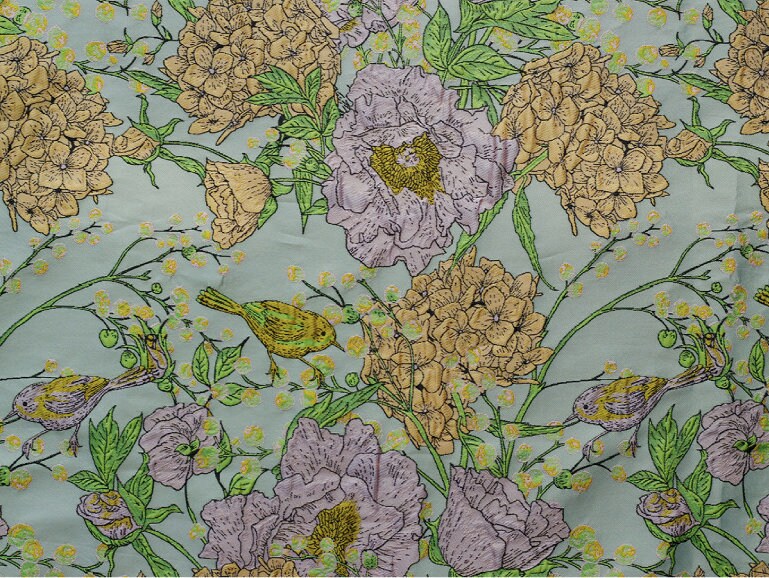 Embossed Jacquard Fabric: 3D Birds and Flowers, 55" Wide