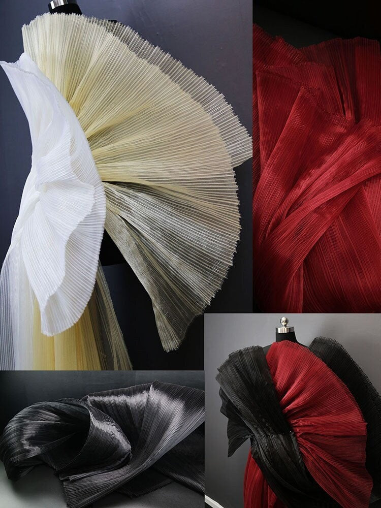 Pleated Organza Fabric: Shiny Crinkled Texture, 55" Wide