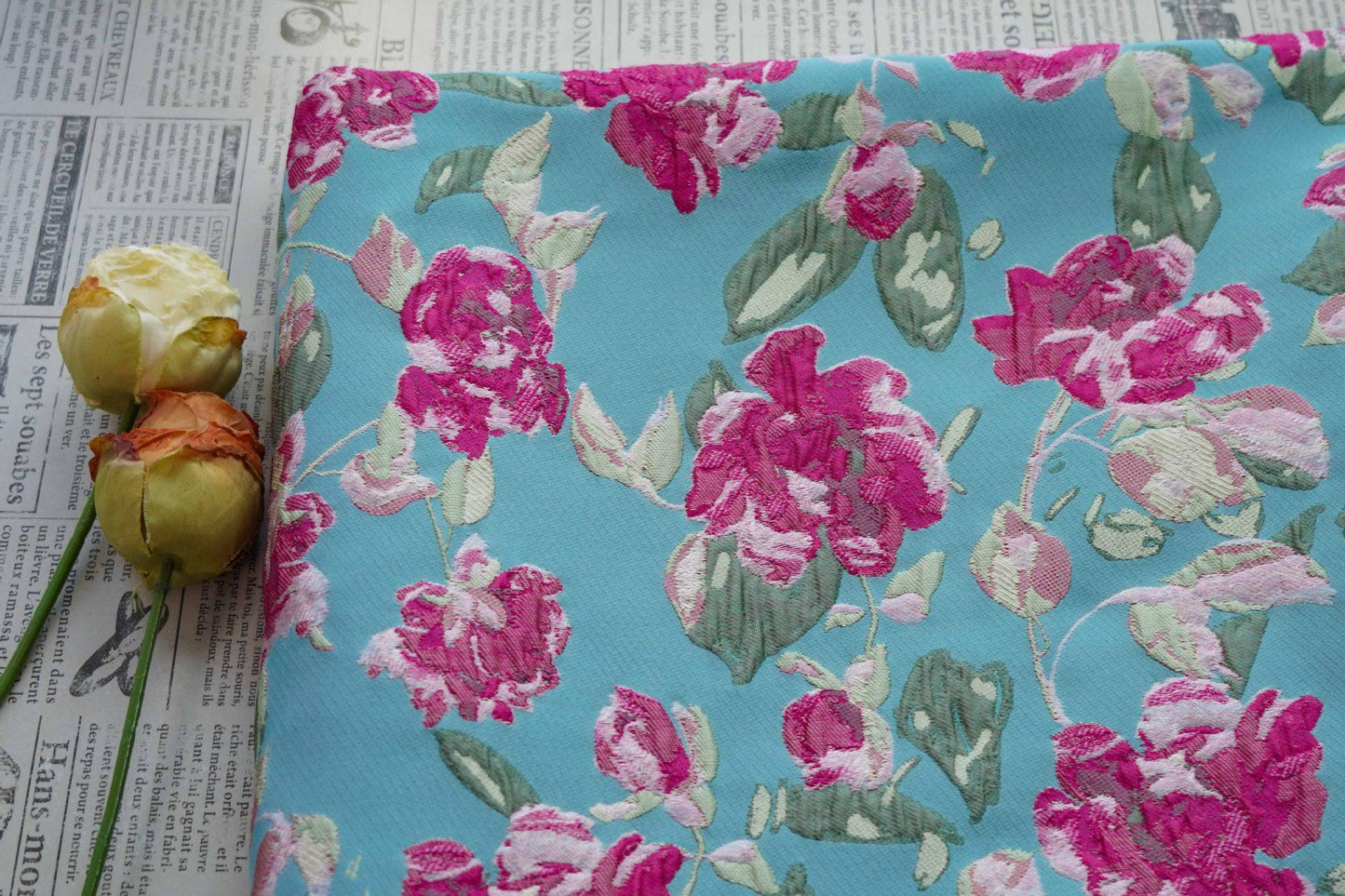 Blue Floral Embossed Jacquard Fabric ��� 3D Textur" Wide