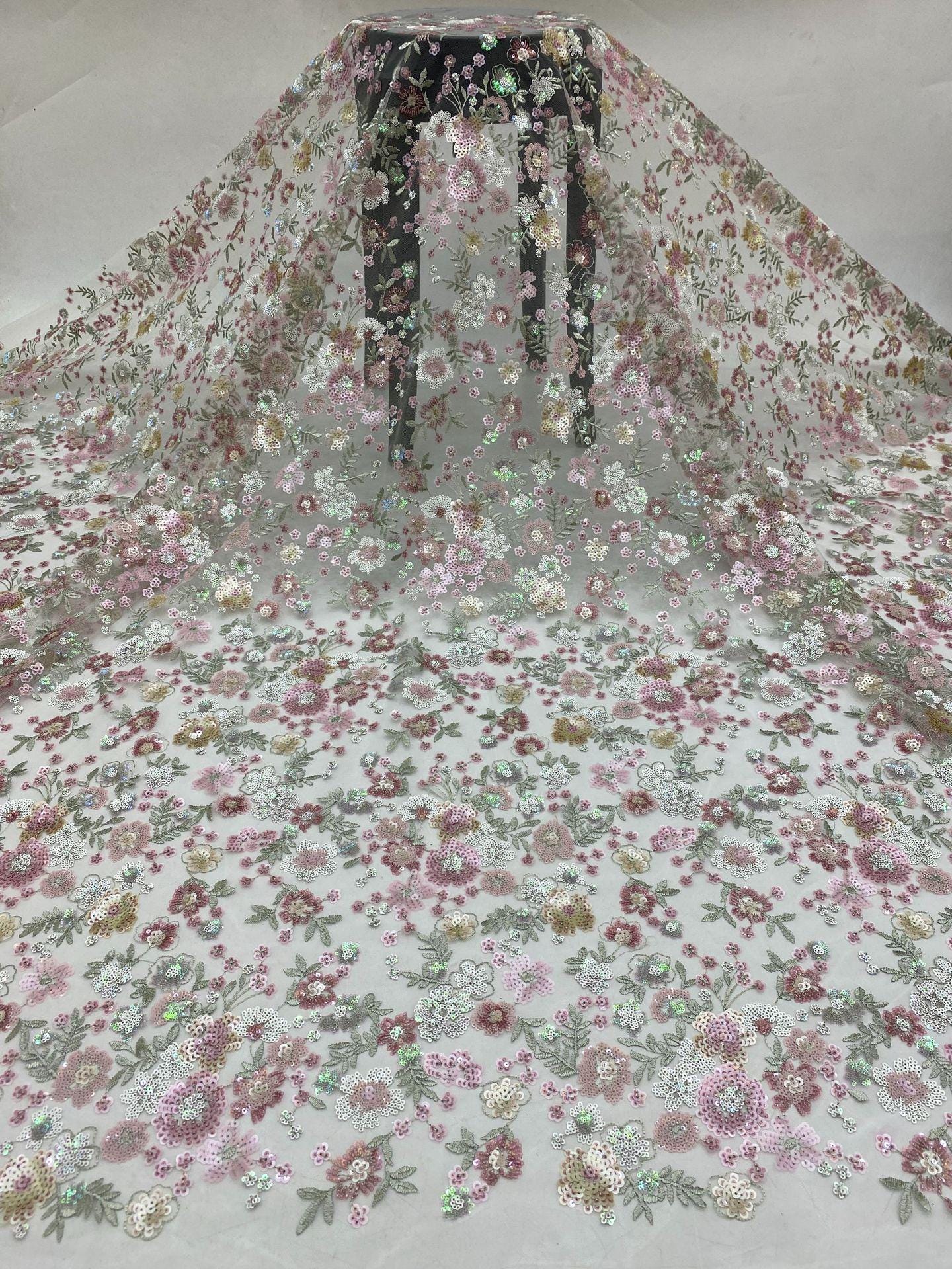 Floral Sequin Embroidered Mesh Lace Fabric, Pink Girly Dress, 49"W
