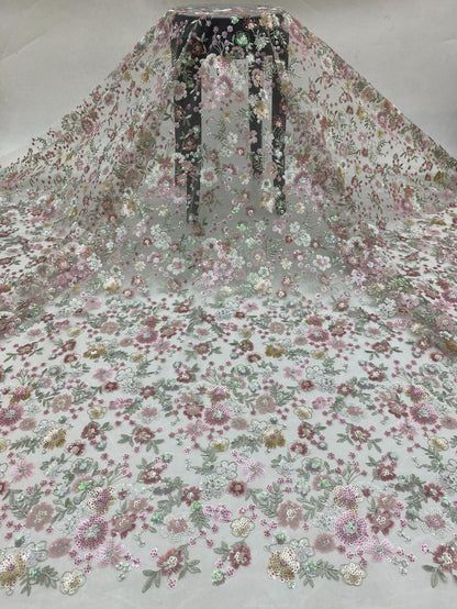 Floral Sequin Embroidered Mesh Lace Fabric, Pink Girly Dress, 49"W
