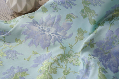 Blue Floral Jacquard Fabric with Gold Foil: 63" Wide Upholstery Fabric