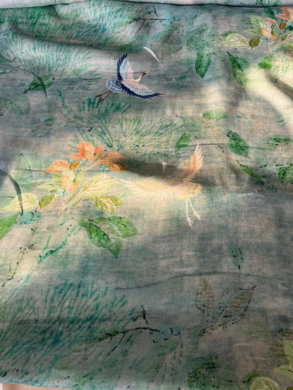 Jade Green Ramie Fabric: Crane Print, Soft Home Textile, 55"W