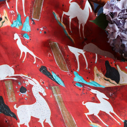 Nine-Color Deer Print Ramie Fabric: Dunhuang Style, 57"W