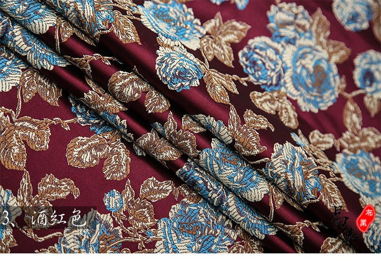 Red Peony Flower Brocade Fabric: Chinese Silk Wedding Fabric