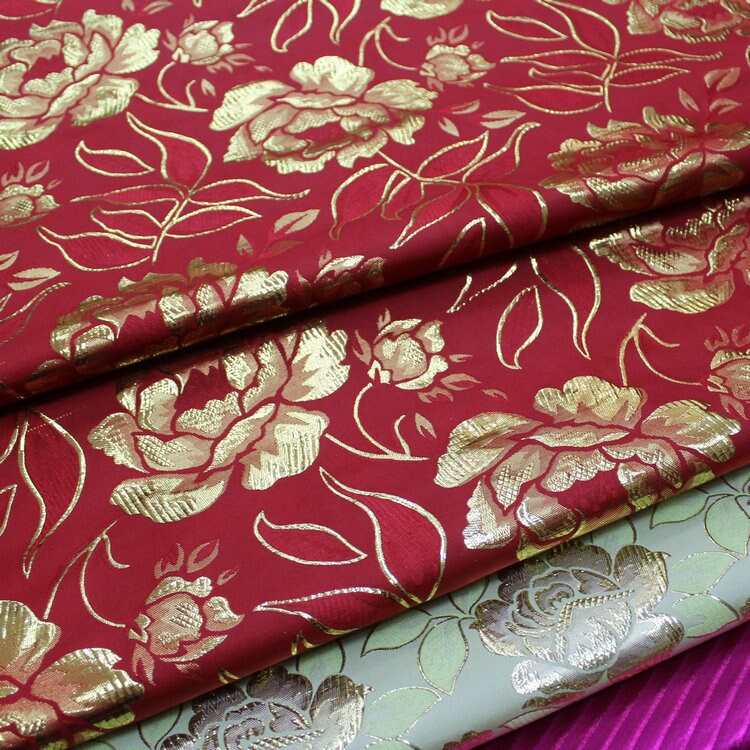 Metallic Peony Brocade Fabric: Red & Silver Floral, 29.5"W