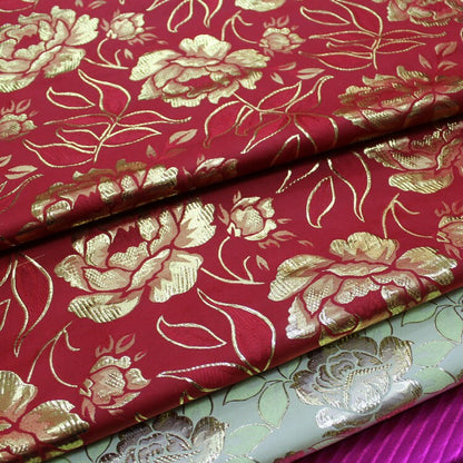 Metallic Peony Brocade Fabric: Red & Silver Floral, 29.5"W