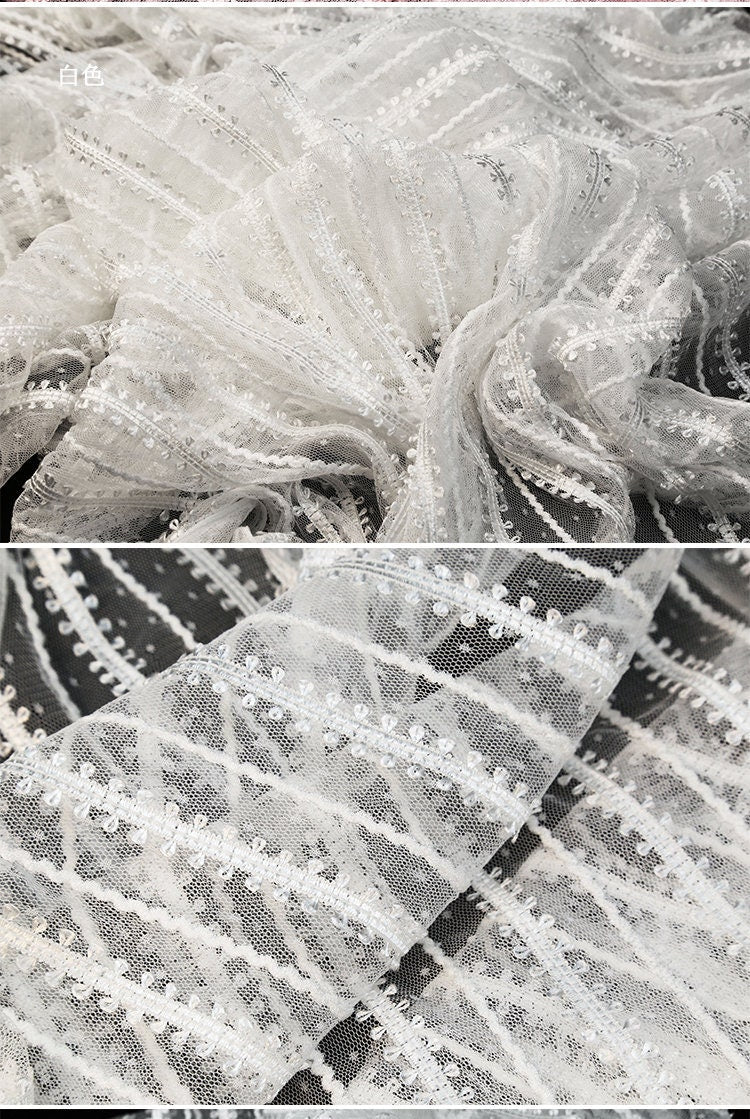 Striped Mesh Lace Fabric, Embroidered Polyester, Costume, Wedding Decor, 65"Wide