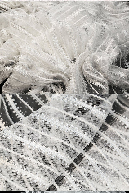 Striped Mesh Lace Fabric, Embroidered Polyester, Costume, Wedding Decor, 65"Wide