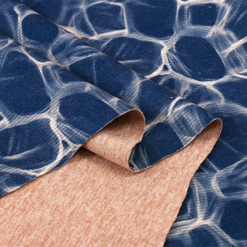 Blue Geometric Wool Silk Blend Fabric: Warm Autumn Winter Stretch
