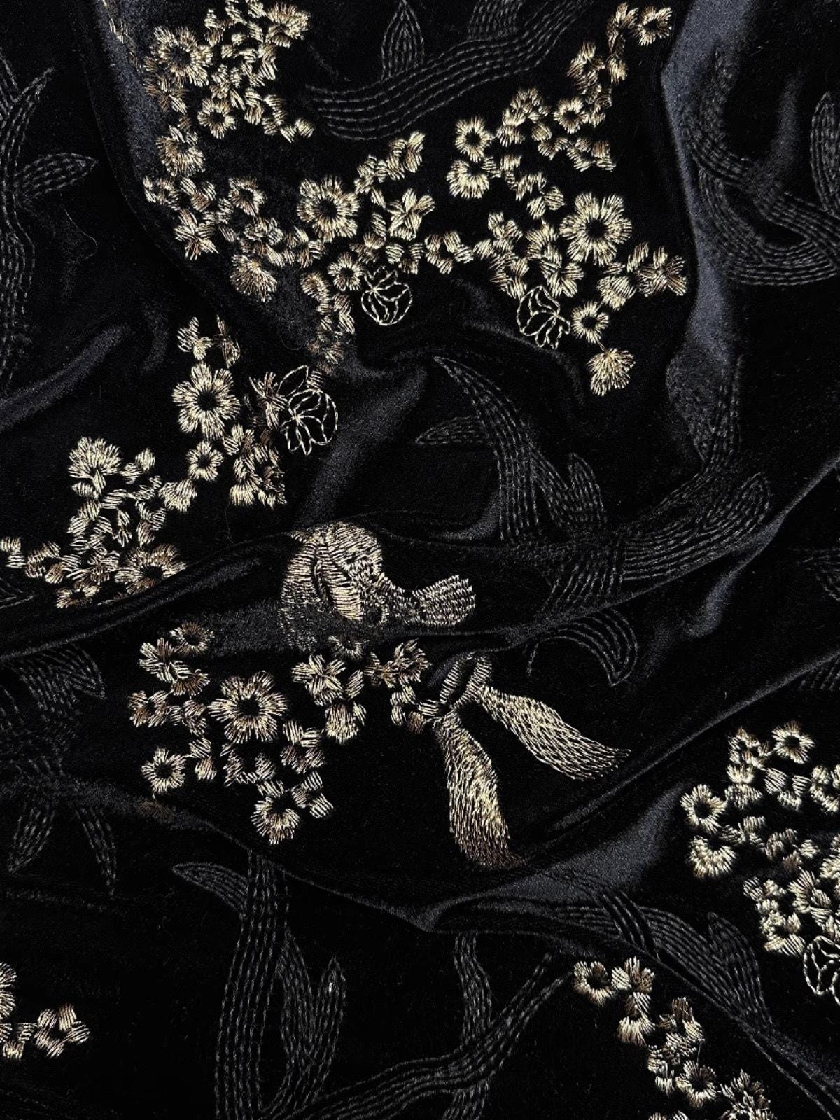 Embroidered Velvet Fabric: Beaded Pillar Design, 43"W Designer Material