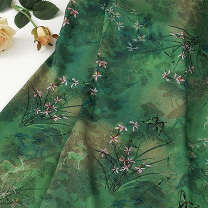 Butterfly Bamboo Tea Silk Satin Fabric: 59"W Upholstery, Costume, Cheongsam